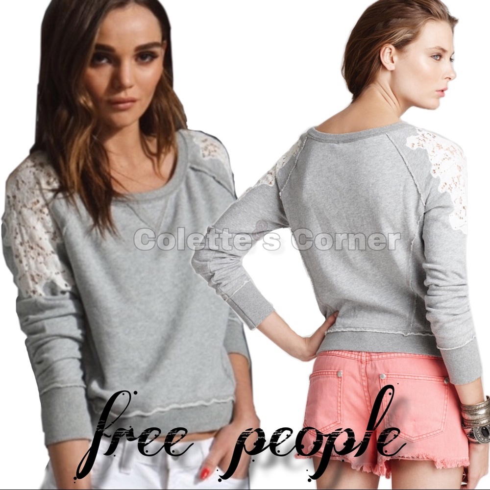 Free People Gray & White Tattered Lace Sweatshirt Top